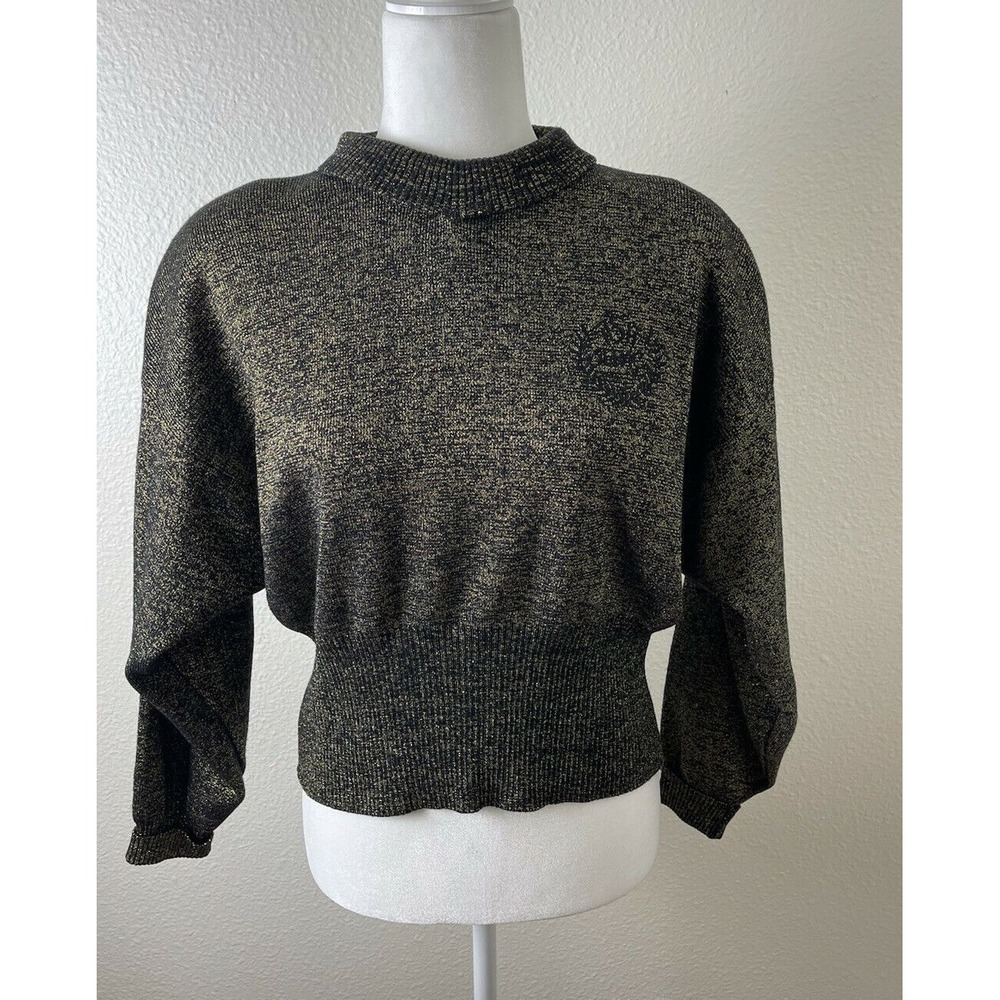 Vintage Serac‎ Sweater Size Medium Knit Acrylic 80s Black Gold Shoulder Pads